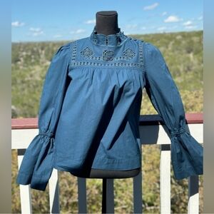 Free People Blue Embroidery Blouse